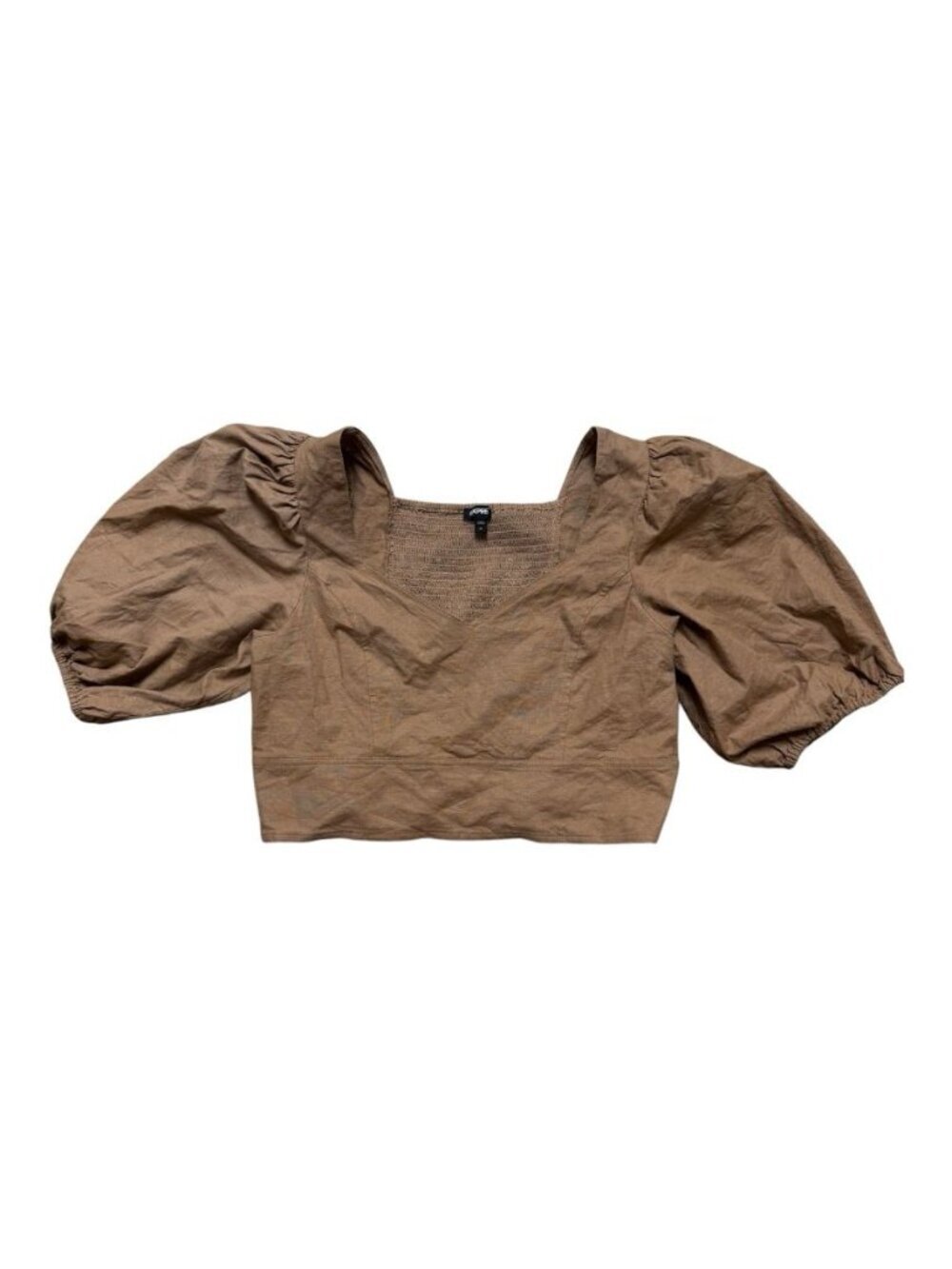 Express Linen Blend Puff Sleeve Crop Top Brown Smocked Back XL